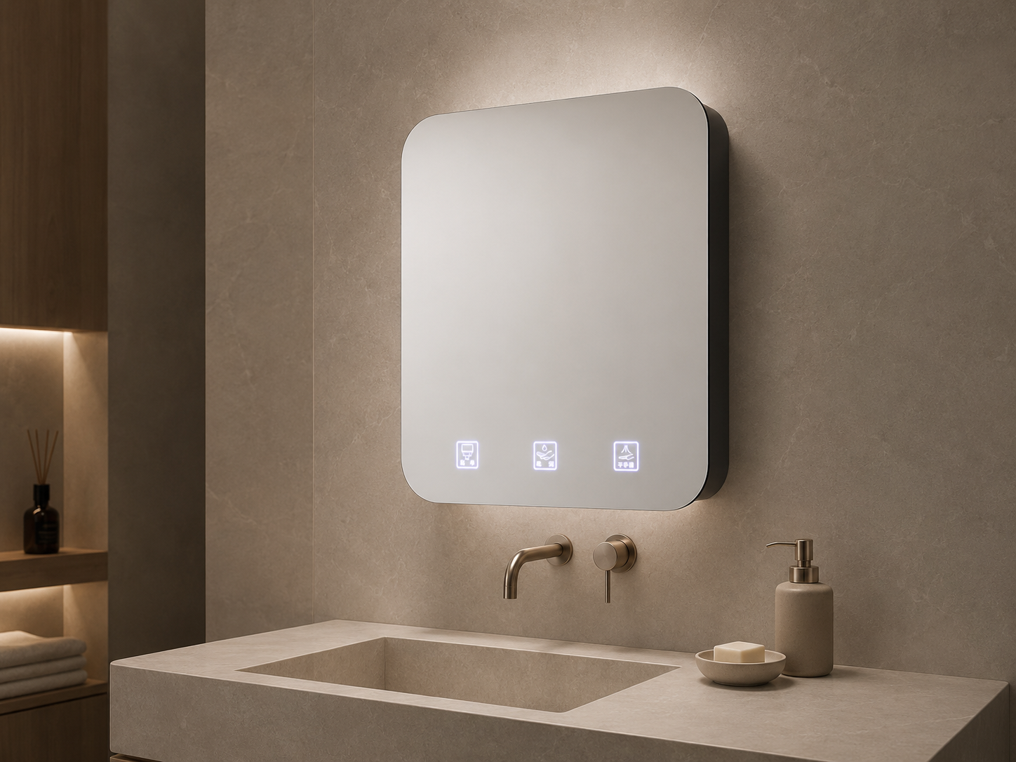 Open behind-the-mirror cabinet installed in a hotel or office restroom, showing concealed hygiene hardware