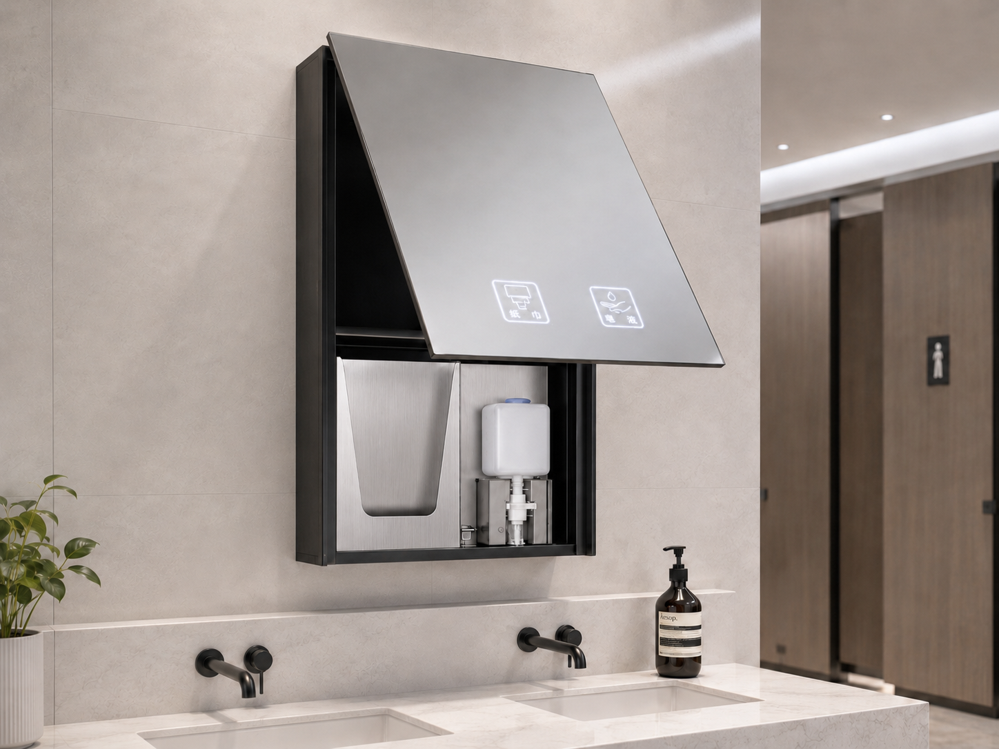 Behind-the-mirror washroom solution with concealed soap dispenser, paper towel module and hand dryer icons in a commercial restroom
