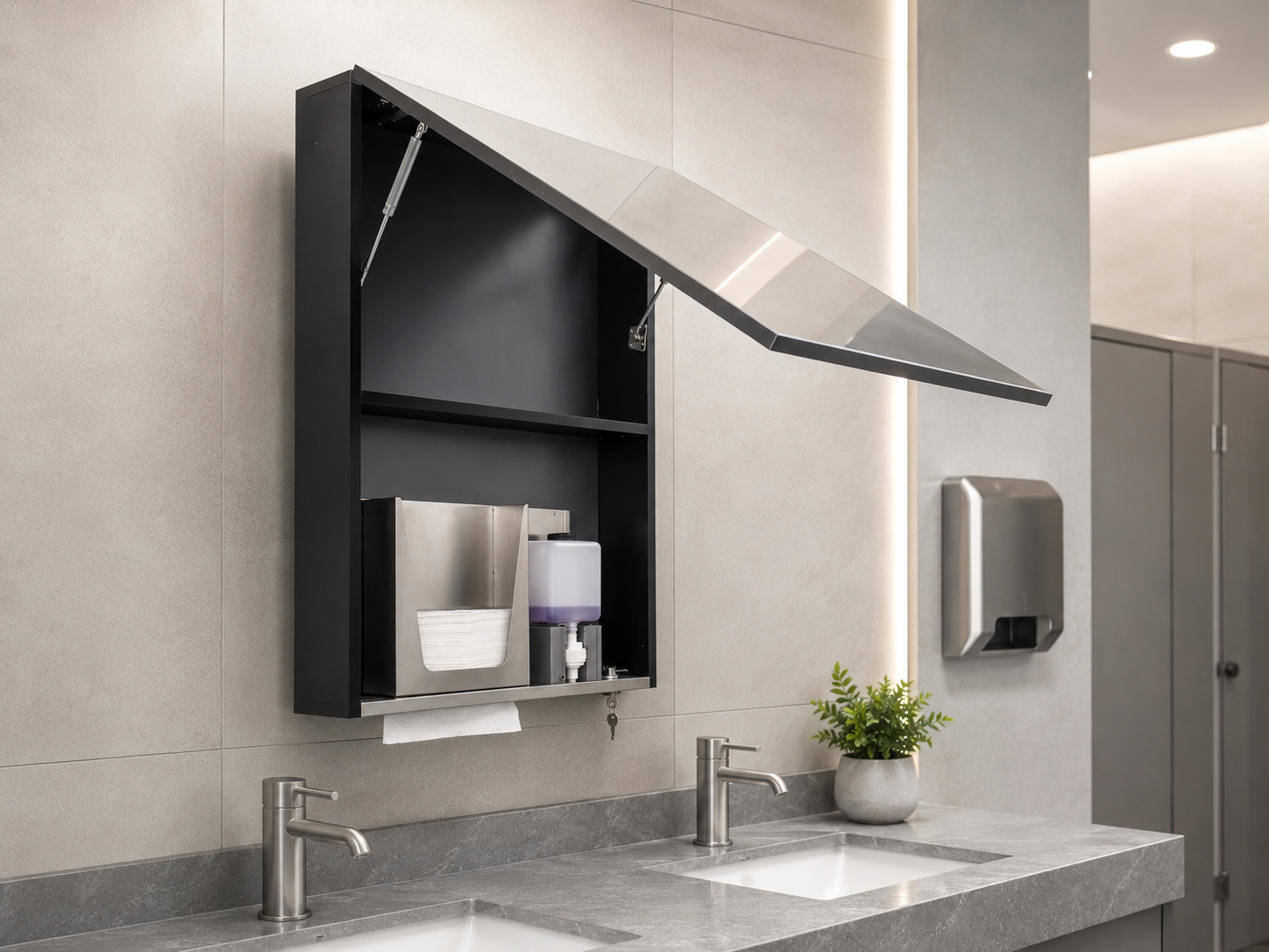 Behind-the-mirror cabinet system showing concealed soap and paper towel modules in a modern restroom