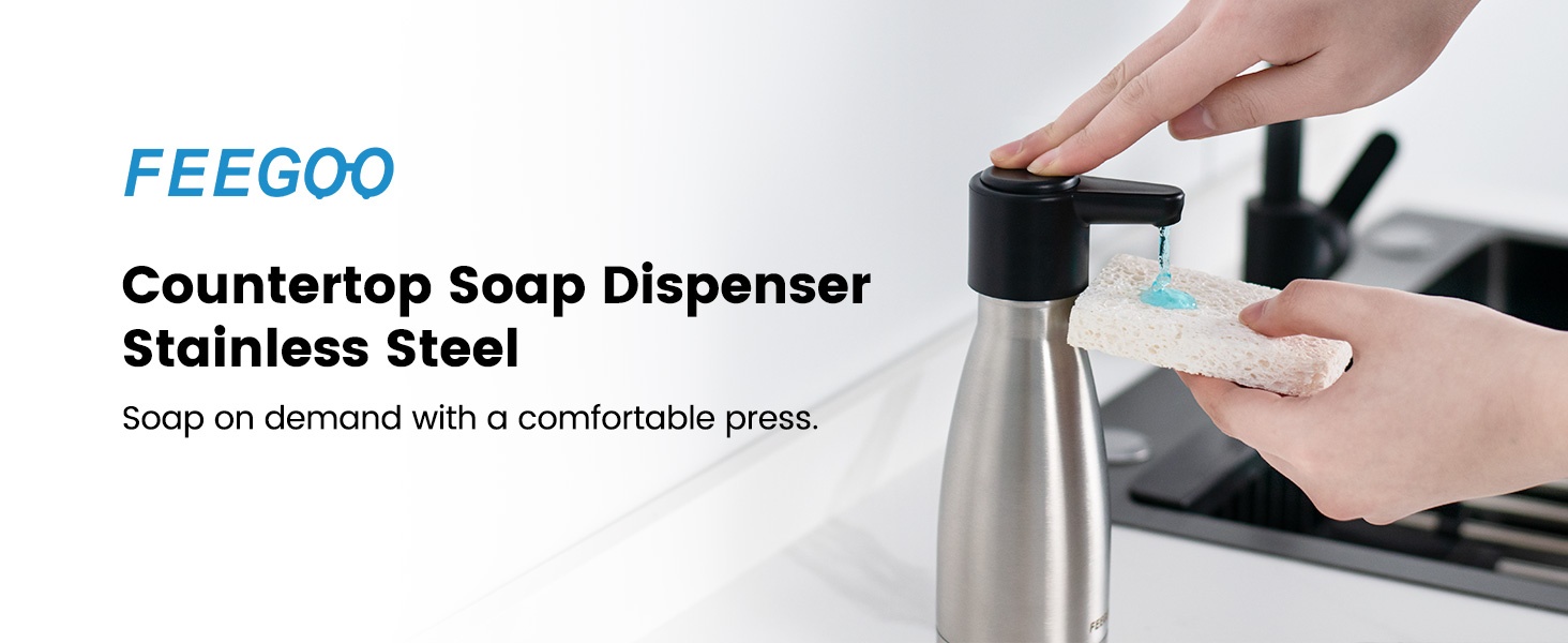 FEEGOO FG1001 stainless steel soap dispenser used next to a kitchen sink for dish soap or hand soap.