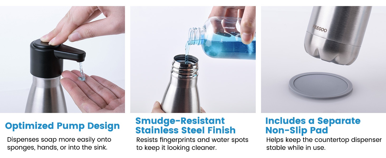 FEEGOO FG1001 feature collage showing pump design refill process stainless steel finish and non-slip pad.