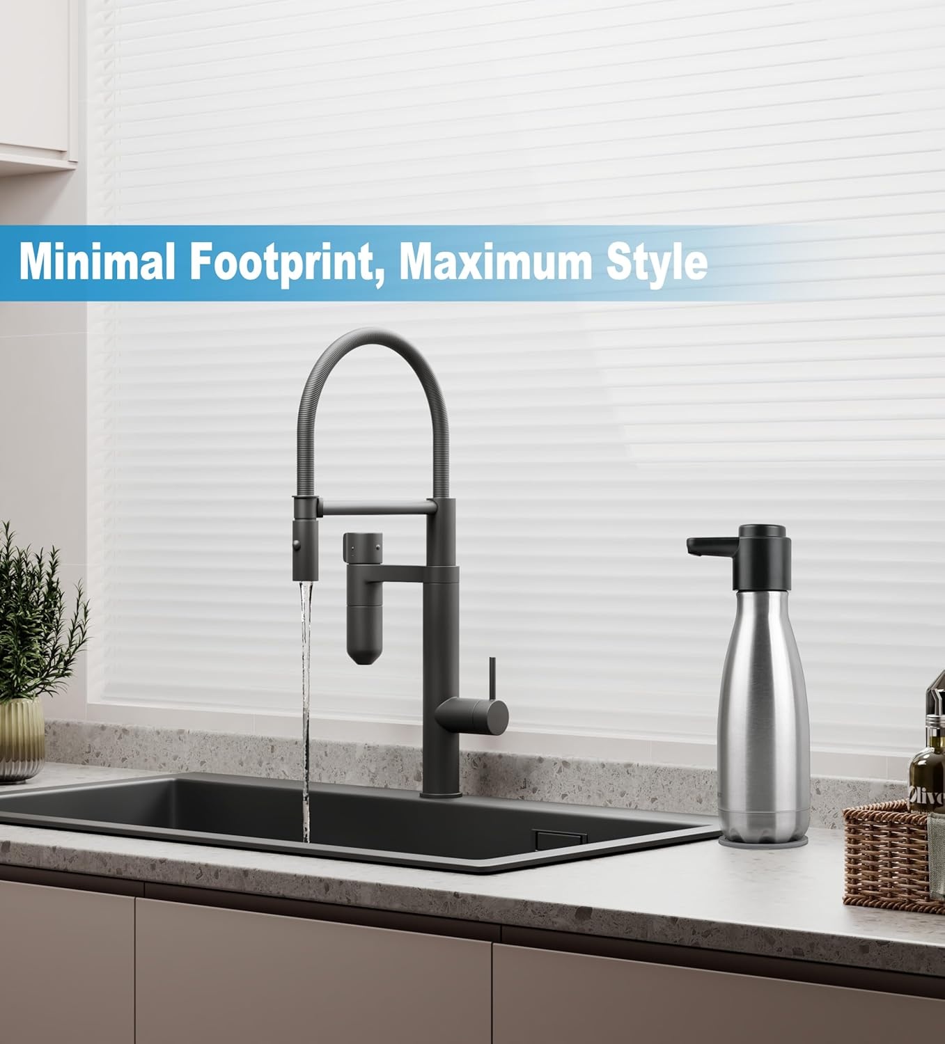 FEEGOO FG1001 stainless steel dish soap dispenser placed on a kitchen countertop beside a sink.