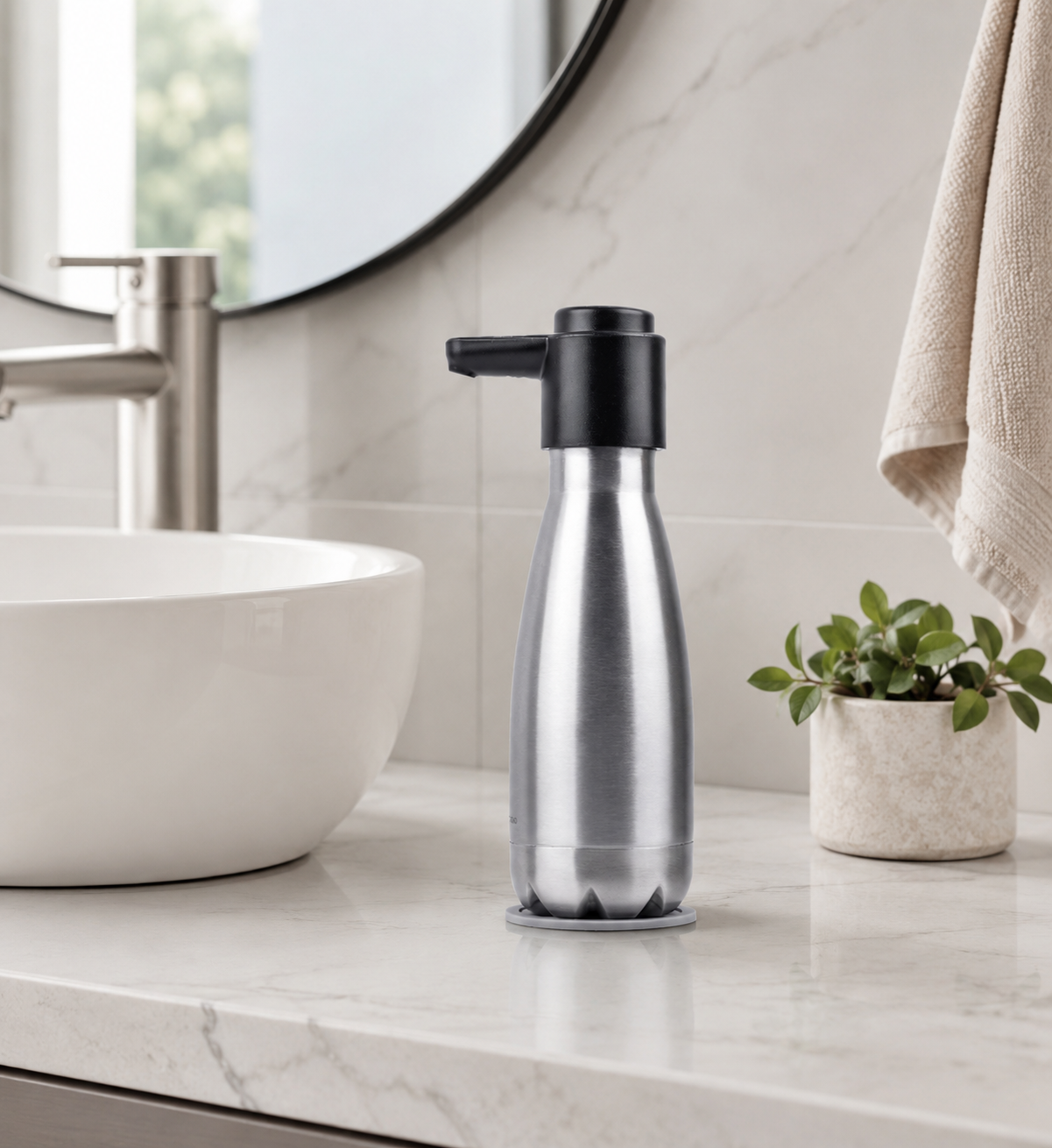 FEEGOO FG1001 stainless steel lotion dispenser placed on a clean bathroom vanity countertop.